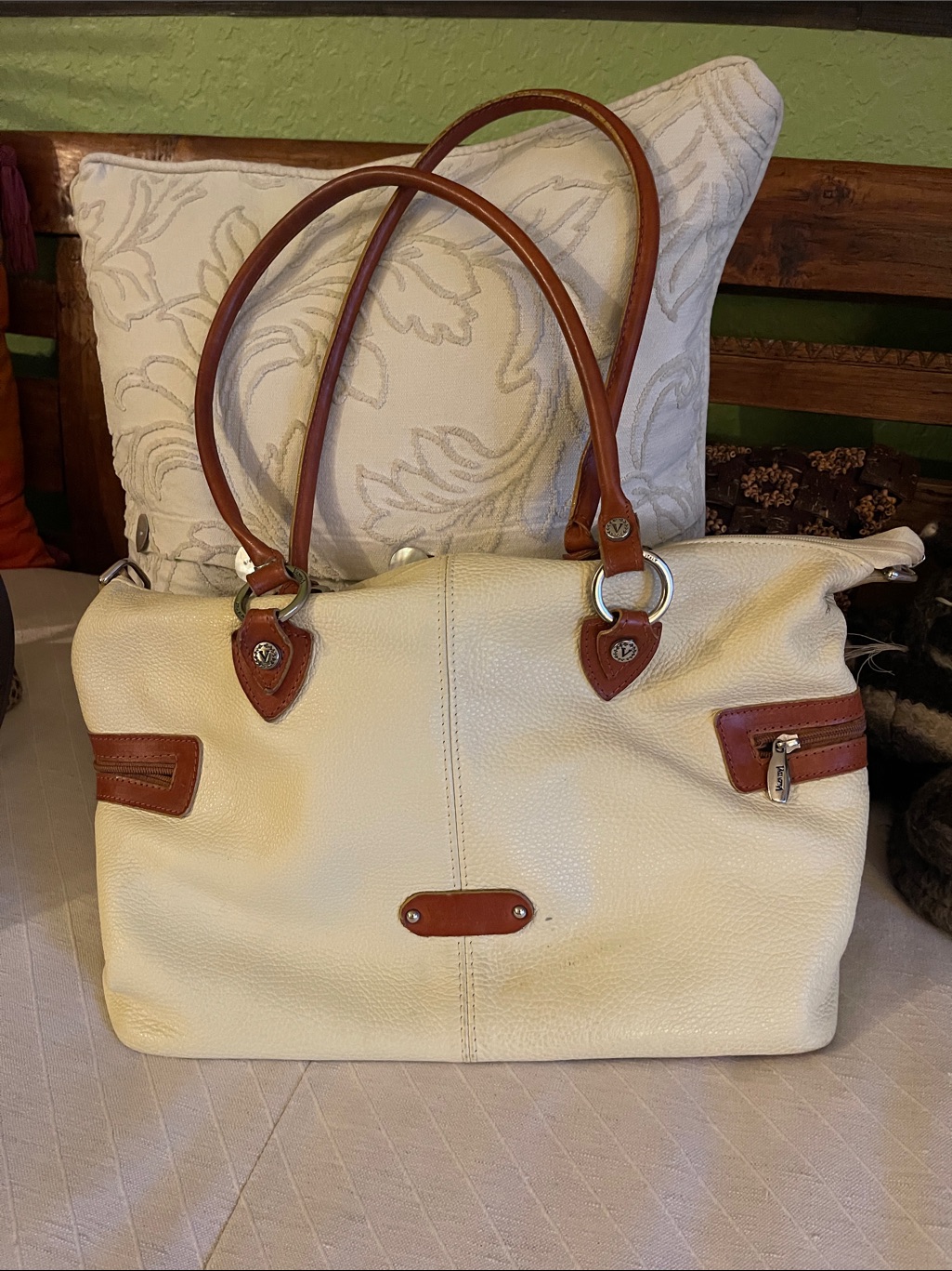 Valentina Cream Tote With Brown Trim And Handles Made In Italy